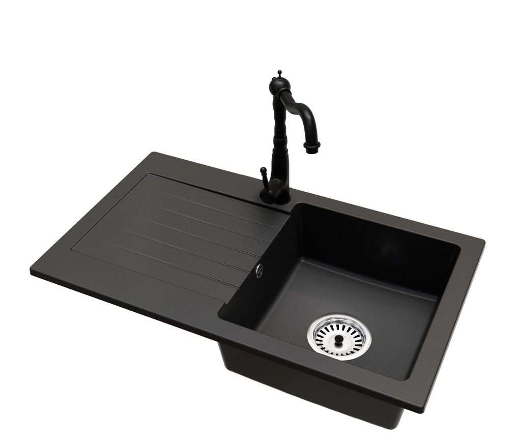 Granit Küchenspüle LEON Einbecken mit Abtropffläche inkl. Armatur Retro, Raumsparsiphon Chrom
