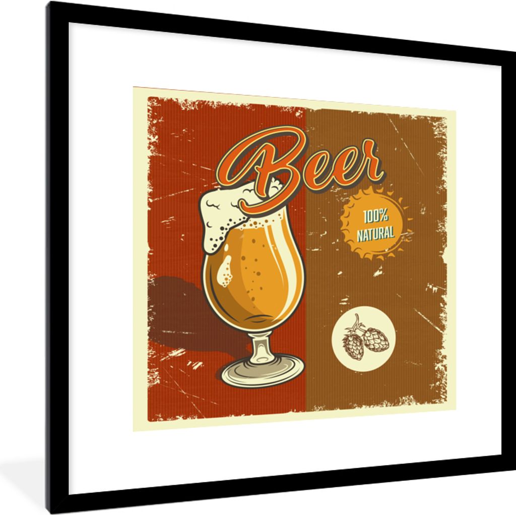 MuchoWow MuchoWow Gerahmtes Poster Mannshöhle - Bier - Rot - Vintage 40x40 cm - Poster mit zchwarzem Bilderrahmen - Poster - Plakat im Rahmen