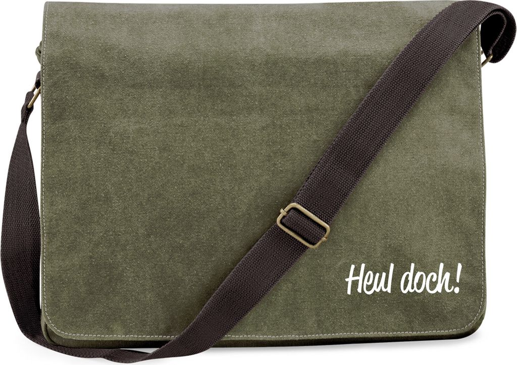 Huuraa Umhängetasche Heul doch Schriftzug 14 Liter Military Green Canvas Laptoptasche Geschenkidee