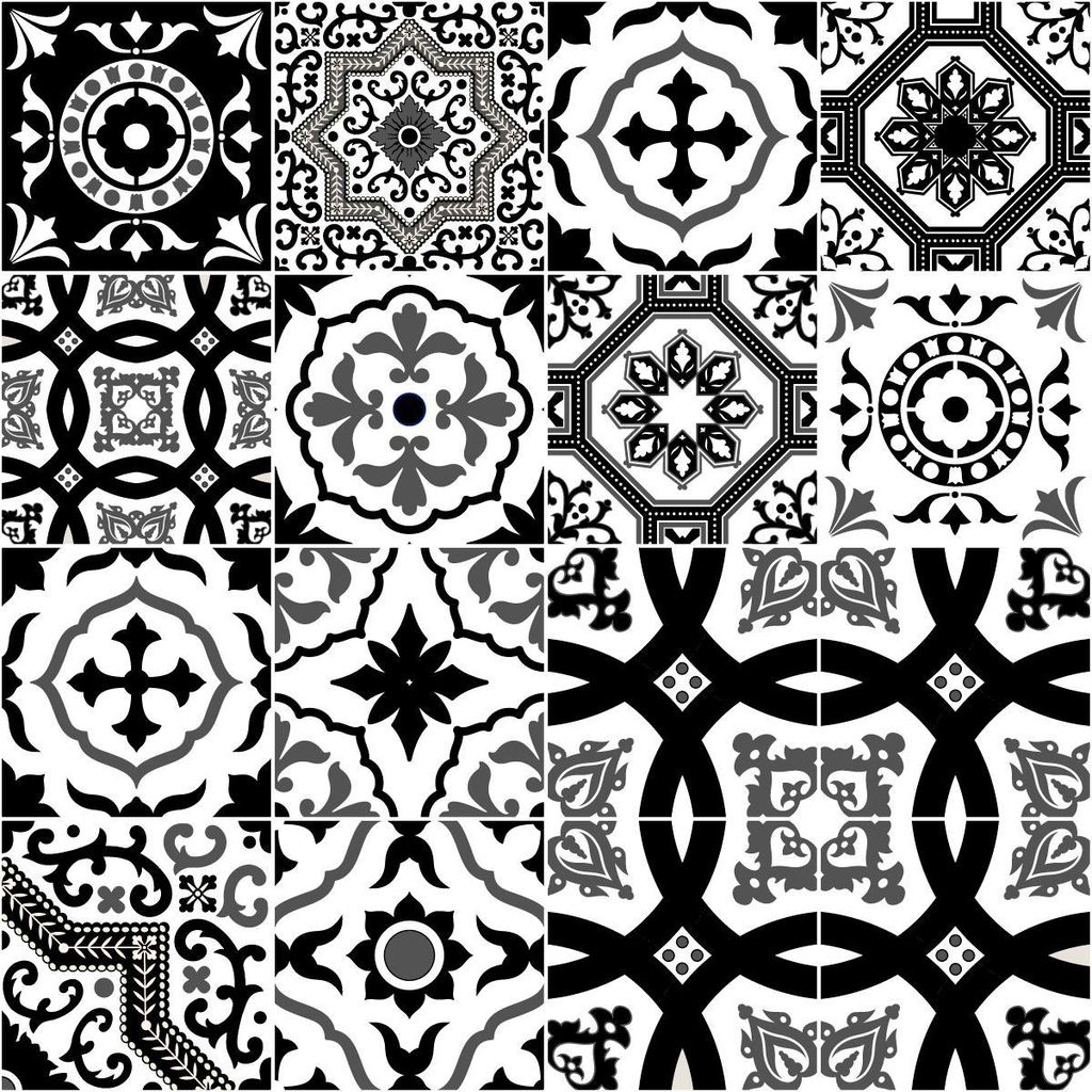 Selbstklebende Fliesenaufkleber für Küche und Bad – 16 moderne Azulejo-Fliesenaufkleber in Schwarz-Weiß – 16 Aufkleber à 10 x 10 cm