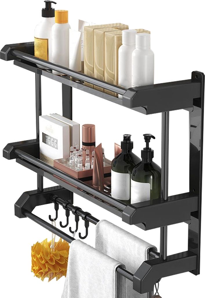 Badezimmer-Aufbewahrungsregal, wandmontiertes Edelstahl-Handtuch für Toilette, Küche, Hängezubehör, doppellagig, Schwarz, 50 cm