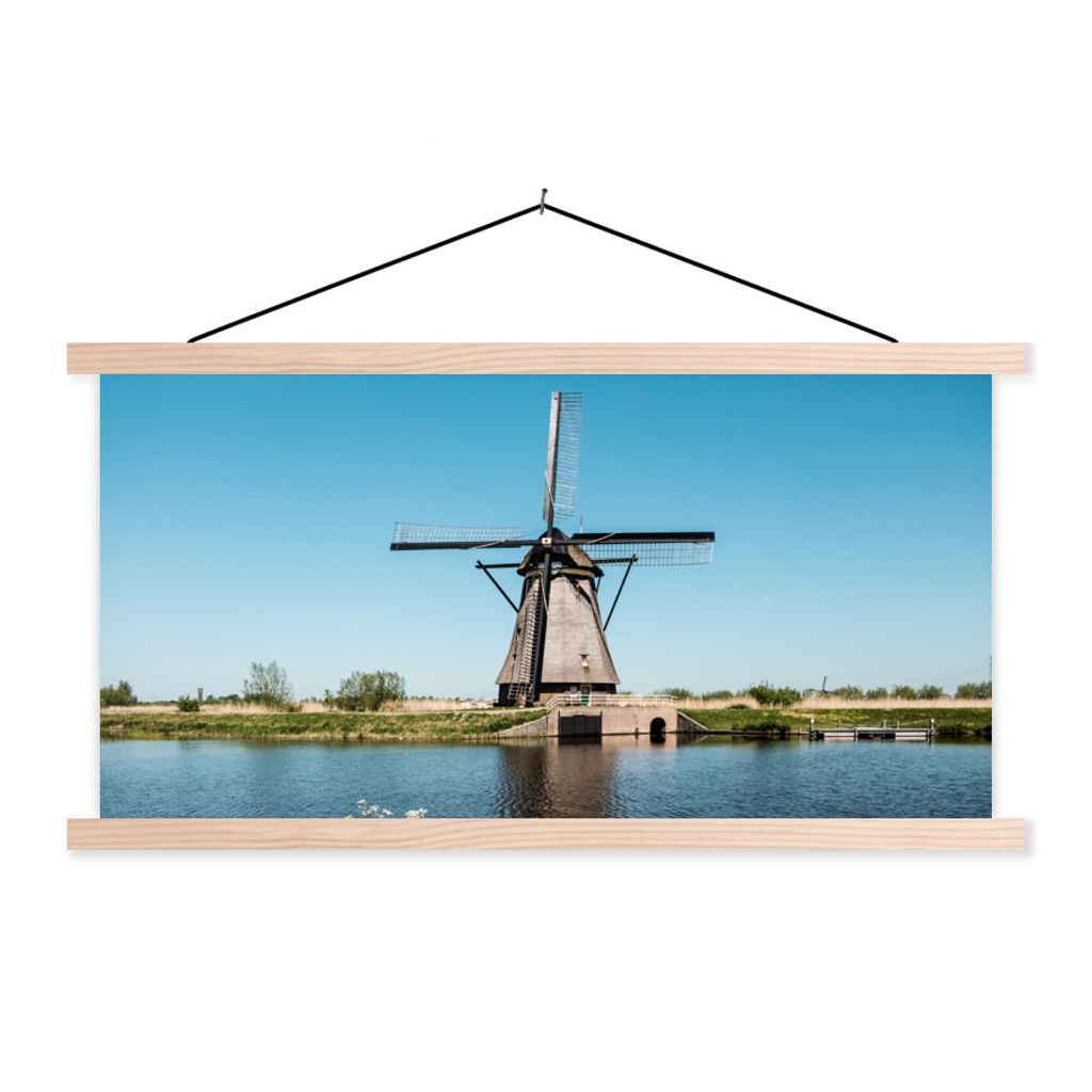 MuchoWow Textilposter Mühle - Blumen - Wasser - Niederlande 120x60 cm mit holzfarbenen Rahmen - Klemmleiste