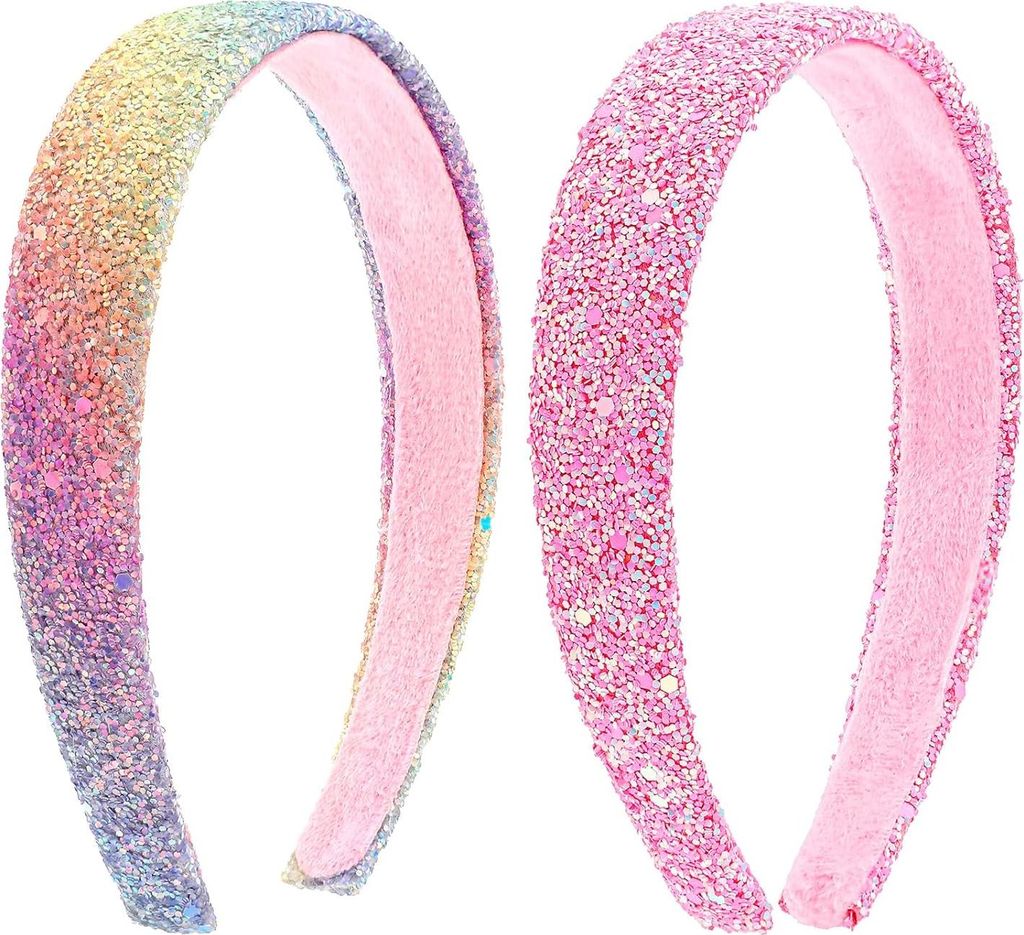 COMNICO 2 Stück Glitzer-Haarbänder für Mädchen, süße funkelnde breite dicke Haarbänder Bling Antirutsch-Haarband Regenbogen-Pailletten klein...