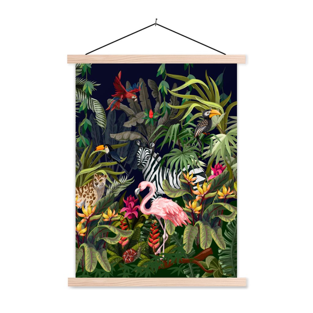 MuchoWow Textilposter Dschungeltiere - Natur - Jungen - Mädchen - Flamingo - Zebra 120x160 cm mit holzfarbenen Rahmen - Plakatkarton