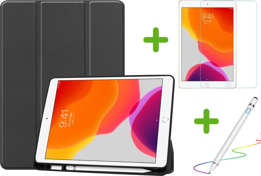 Case2go - iPad 10.2 2019 / 2020 hülle - Active Stylus Stift - Displayschutz - Schwarz