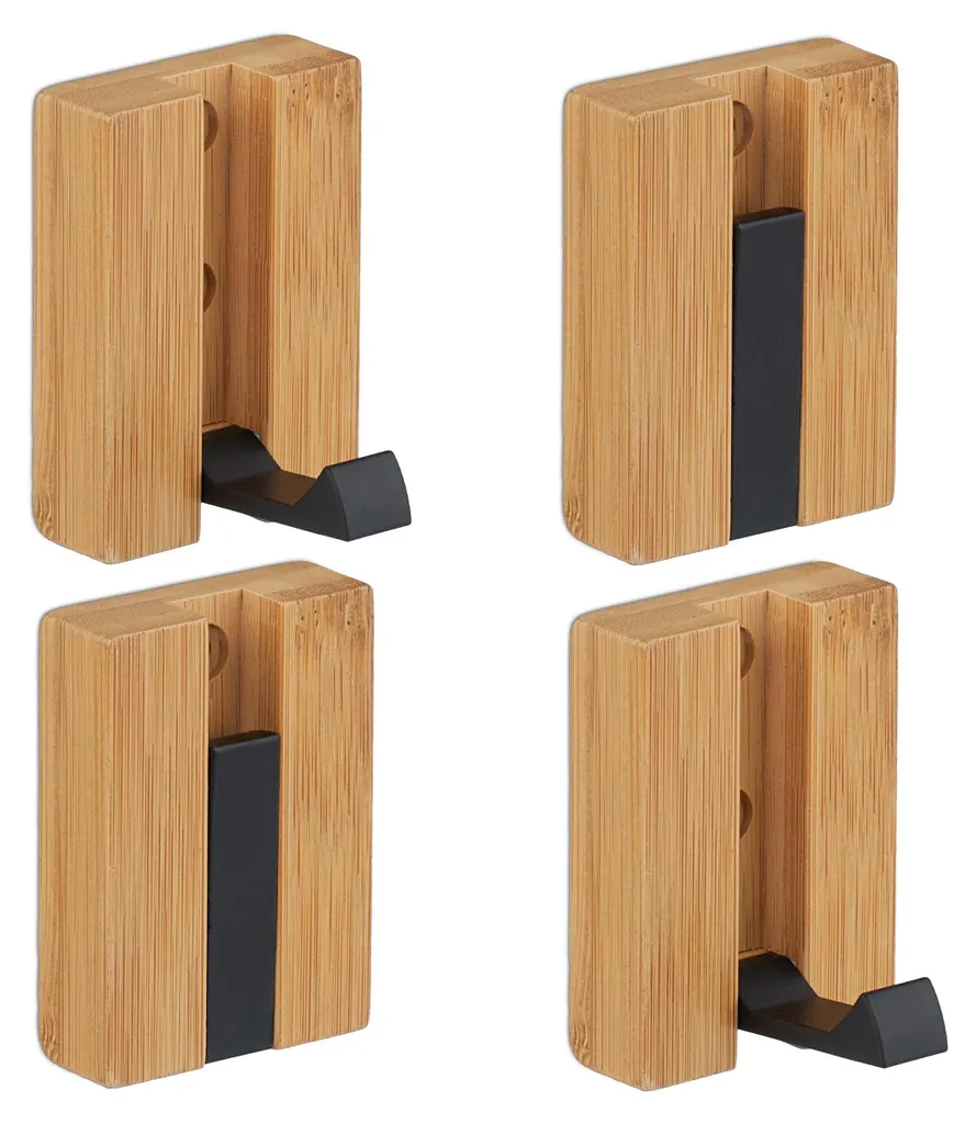 Patères en bambou et métal noir lot de 4 fixations sans perçage