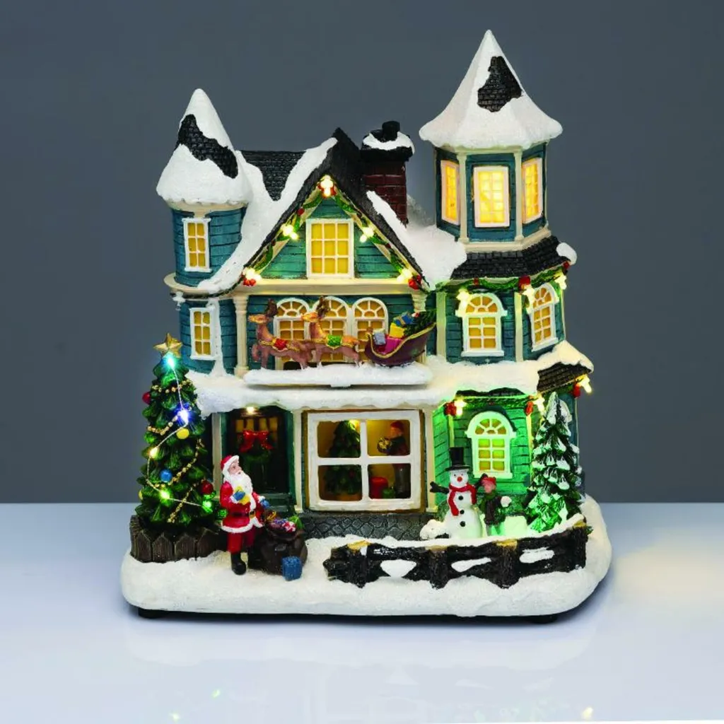 Décor de Noël LED 29cm : maison musicale et traîneau mobile sur 230V