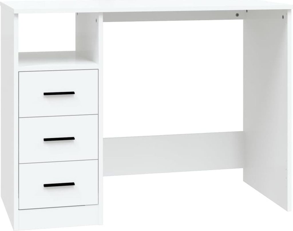 A white desk with three drawers on the left side and an open shelf above the drawers.
