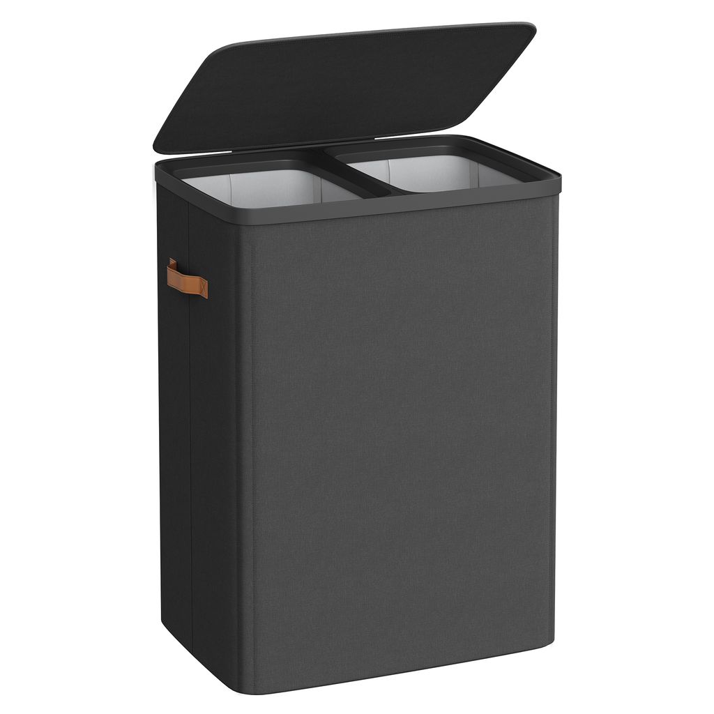 A dark gray laundry basket with two compartments, a lid, and brown handles is shown against a white background.