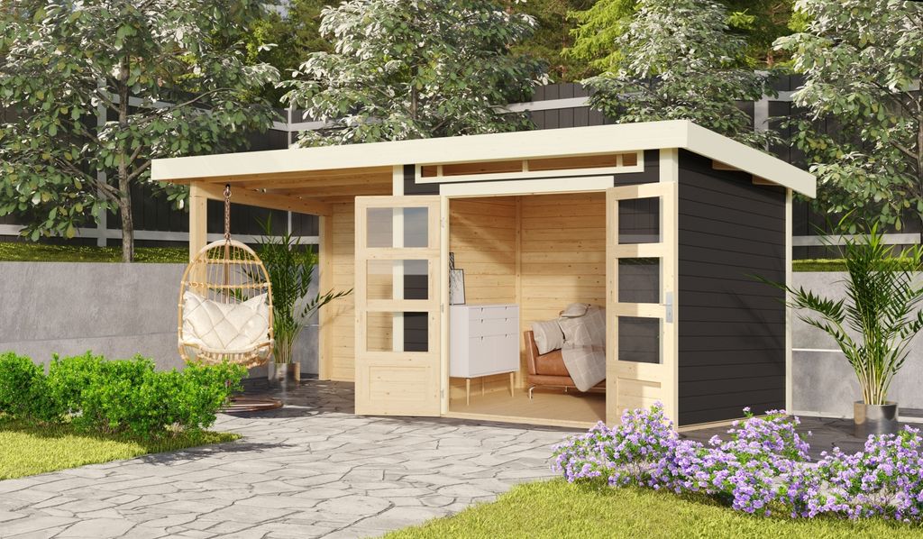 Karibu Gartenhaus Gerätehaus Maria B mit Anbaudach terragrau 445x244cm 28mm Wandstärke