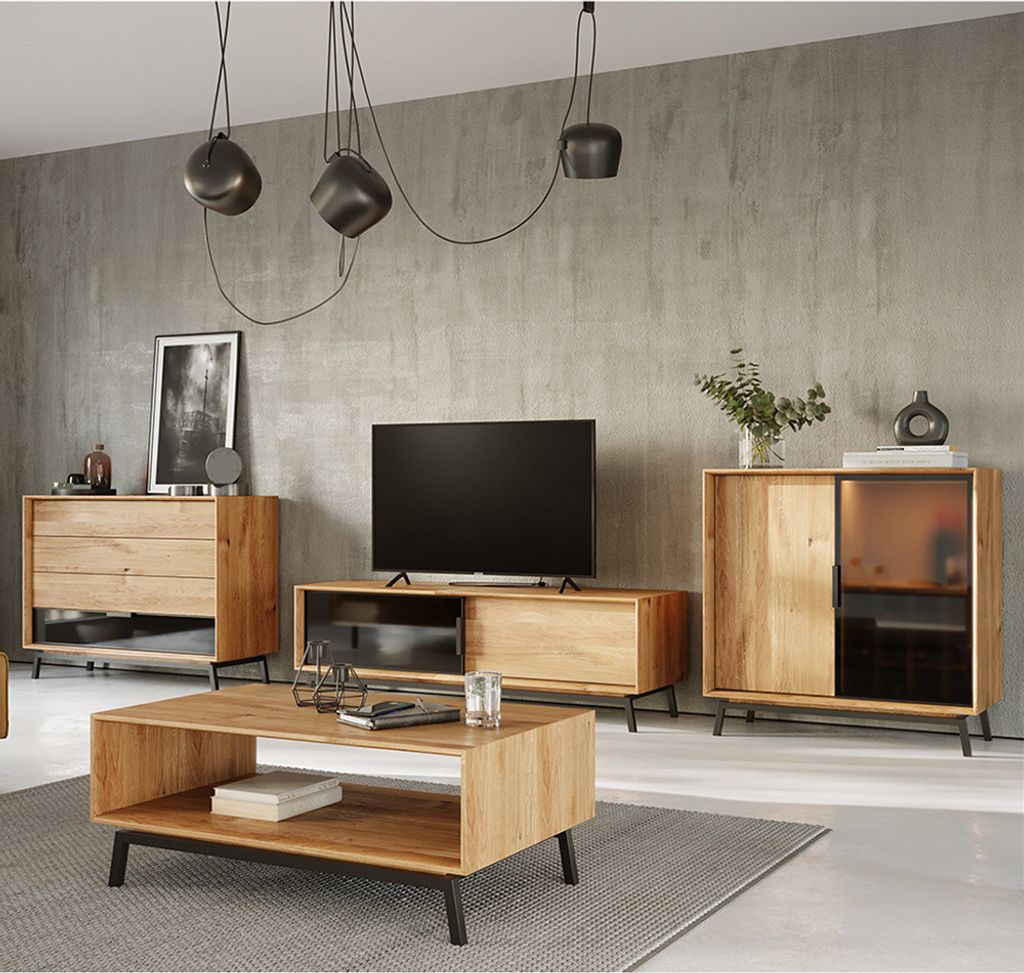 Wohnmöbel Set braun MATOLA-163 Massiv aus Eiche 4-teilig mit Couchtisch