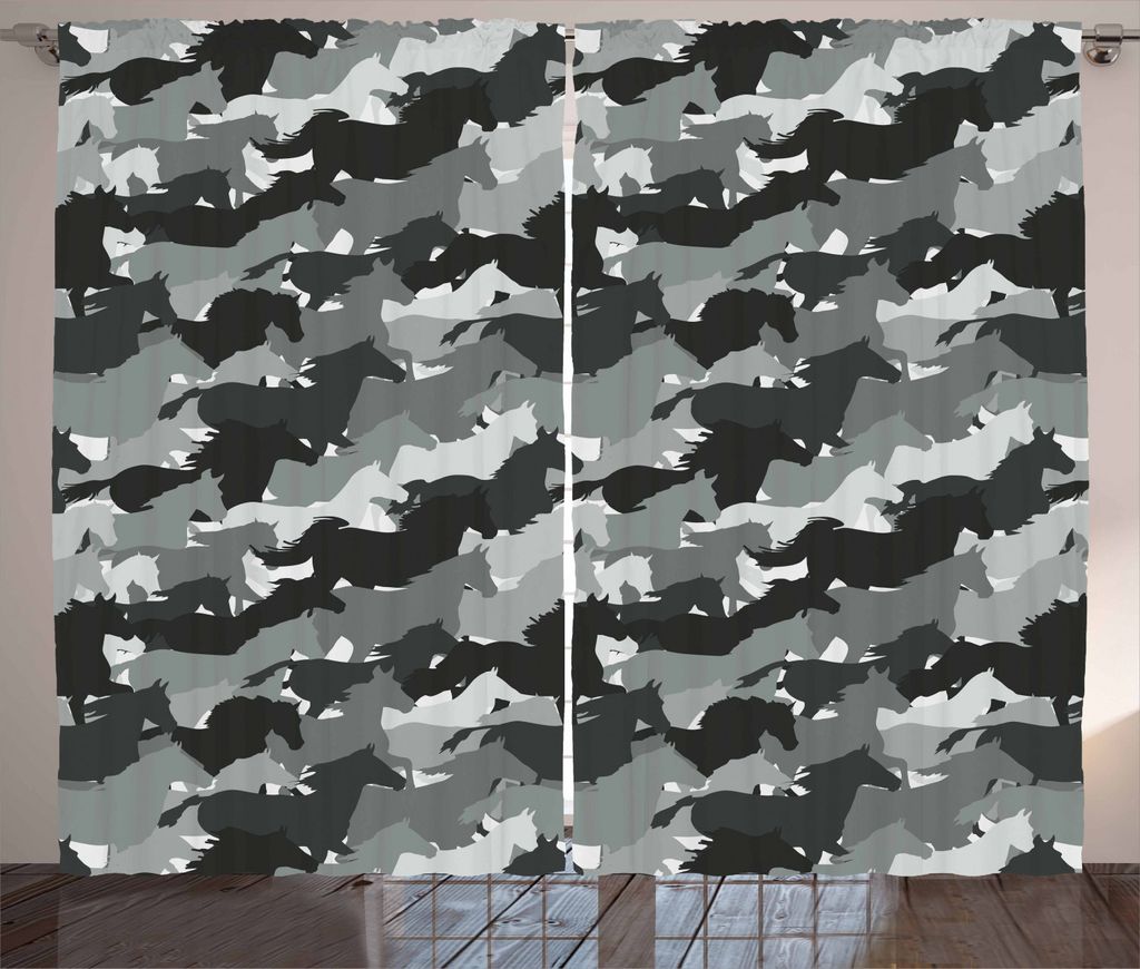 ABAKUHAUS Pferde Rustikaler Gardine, Mustang-Herde-Tiere, Schlafzimmer Kräuselband Vorhang mit Schlaufen und Haken, 280 x 225 cm, Anthrazit grau S...