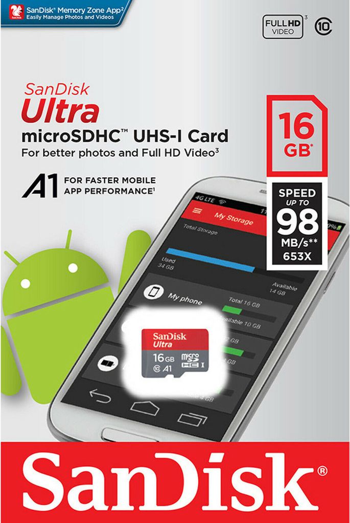 SANDISK Ultra 16GB Micro SD Speicherkarte SDHC UHS-I Class 10 80MB/s