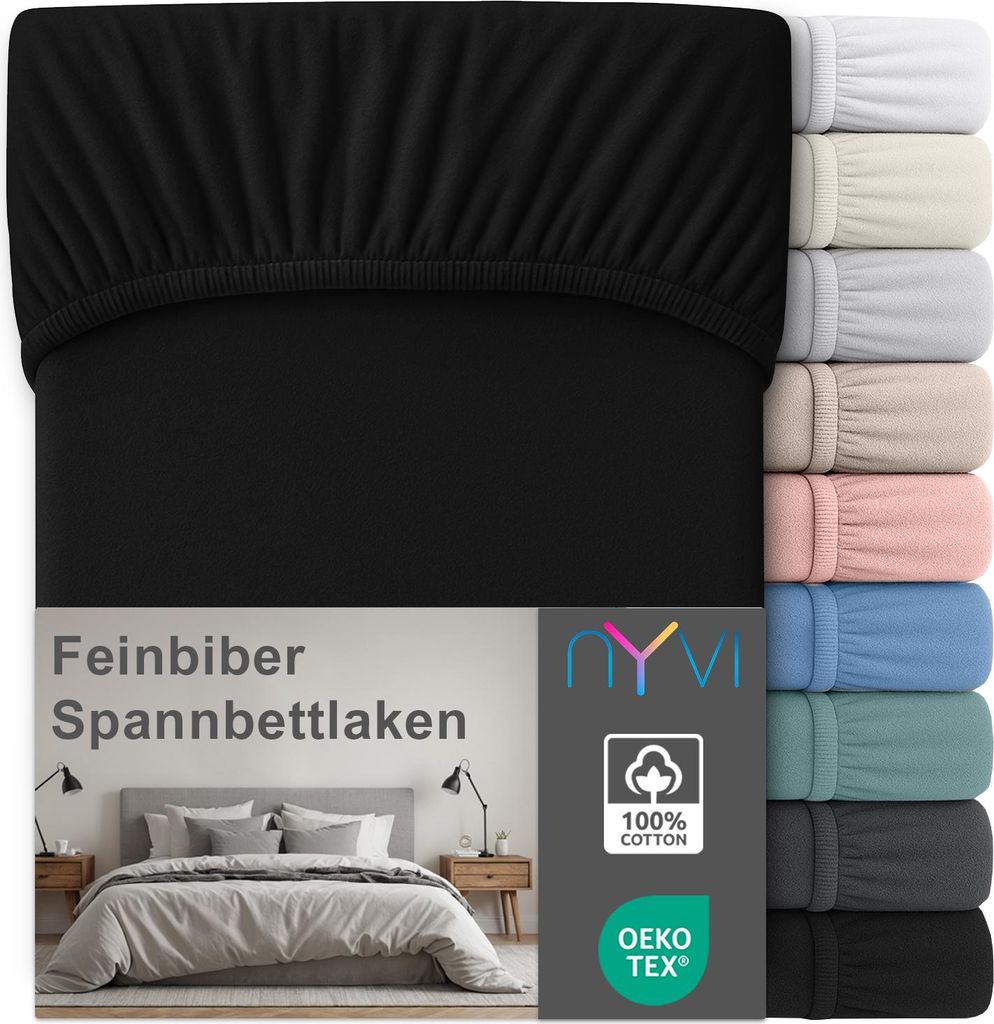 Feinbiber Spannbettlaken Deluxe für Matratzen bis 25 cm Steghöhe - Extra Warm & Weich, 100% Baumwolle, Bügelfrei, Vorgekrumpft, Farbe:Schwarz, G...