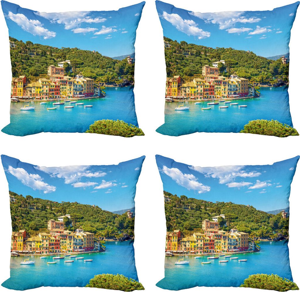 ABAKUHAUS Italien Kissenbezug Set (4 Stück), Portofino Panoramablick, Moderner Doppelseitiger Digitaldruck, 45 cm x 45 cm, Blau, Grün, Gelb