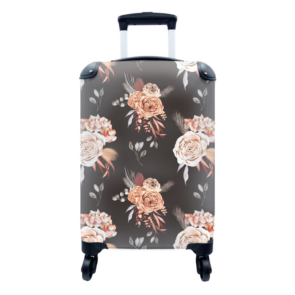 MuchoWow Koffer Handgepäck Trolley Rollkoffer Kleine Reisekoffer mit 4 Rollen - Rosen - Braun - Blumen - Cabin Size < 55x40x23 cm & 55x40x20 cm ...