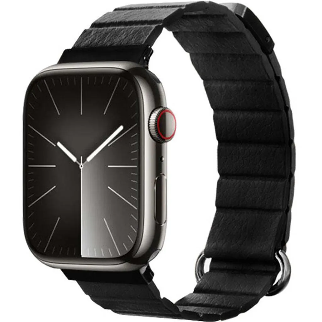 Bracelet Apple Watch 45mm en Cuir Noir à Fermoir Magnétique Crong Eclipse