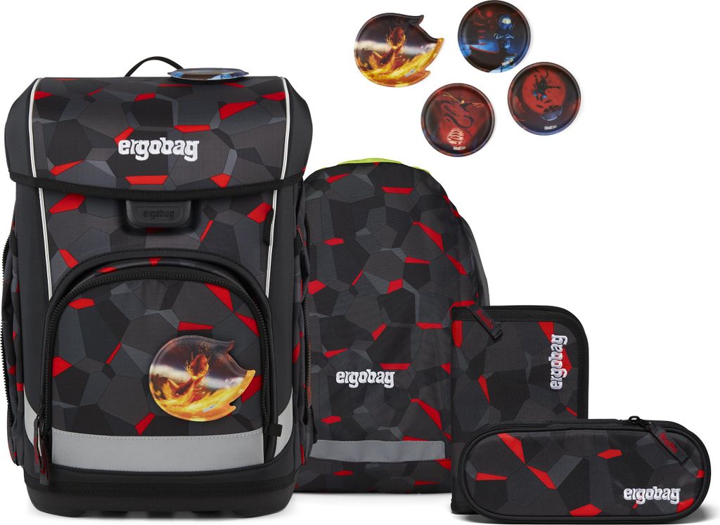 A set of school supplies including a backpack, a smaller bag, and a pencil case, along with decorative patches.