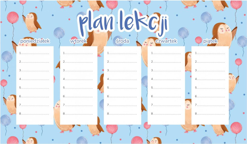 Magnetischer Unterrichtsplan, Ballons und Eule, 45 x 26 cm