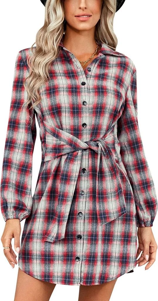 ASKSA Damen Kariert Hemdkleid Elegant Knöpfen Blusenkleid V-Ausschnitt Langarm Tunika Kleider Freizeitkleid mit Gürtel, Rot, L