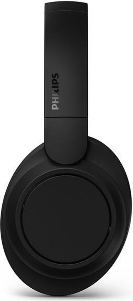 A close-up, studio shot of a black Philips headphone.