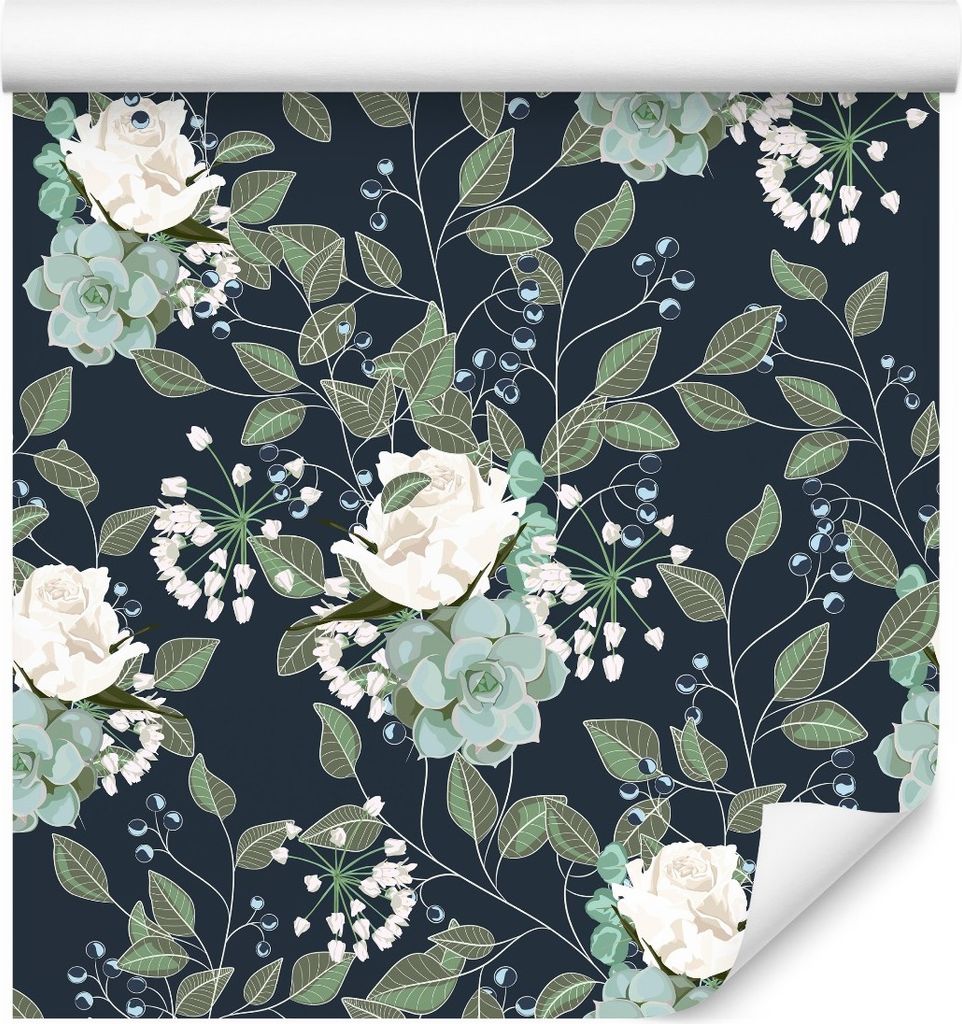 10m VLIES TAPETE Rolle Wei§e ROSEN Beeren Blatt Aquarell 6584