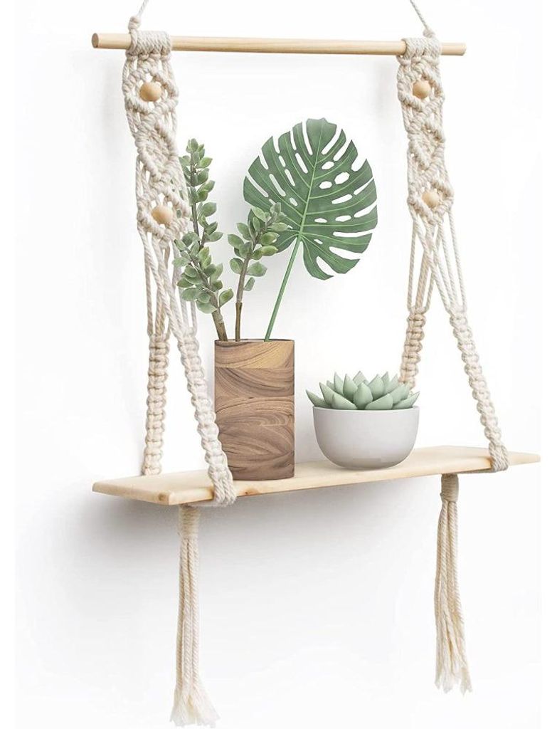 Wandregal aus Baumwollseil, Boho-Wanddeko fürs Schlafzimmer – Gewebte Seilwandkunst als Boho-Badezimmerregal – Makramee-Wandregal mit Pflanzen...