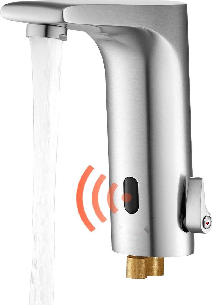 Sensor Wasserhahn - Automatische Waschtischarmatur L‐Form - Berührungslos - Infrarot-Sensor - Batteriebetrieben - Einhebelmischer - Gebürstetes...