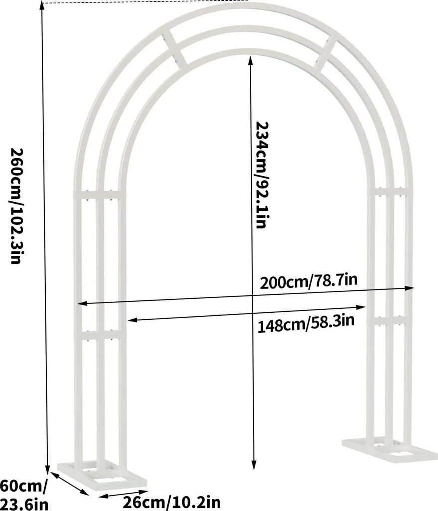 Hochzeitsbogen - Metall Deko Hintergrundbogen - 200x60x260 cm XXL - Freistehender Garten Pergola Rahmen für Trauung und Party - Weiß