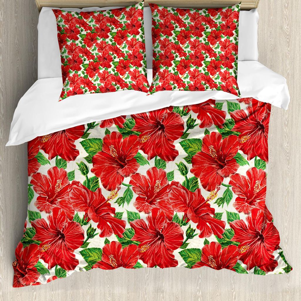 ABAKUHAUS Hawaii Bettbezug Set, Botanischer Inspirations-Blumenstrauß Hand gezeichnete rote Hibiscus-Retro- Thema, 155 x 220 cm + 80 x 80 cm, Beig...