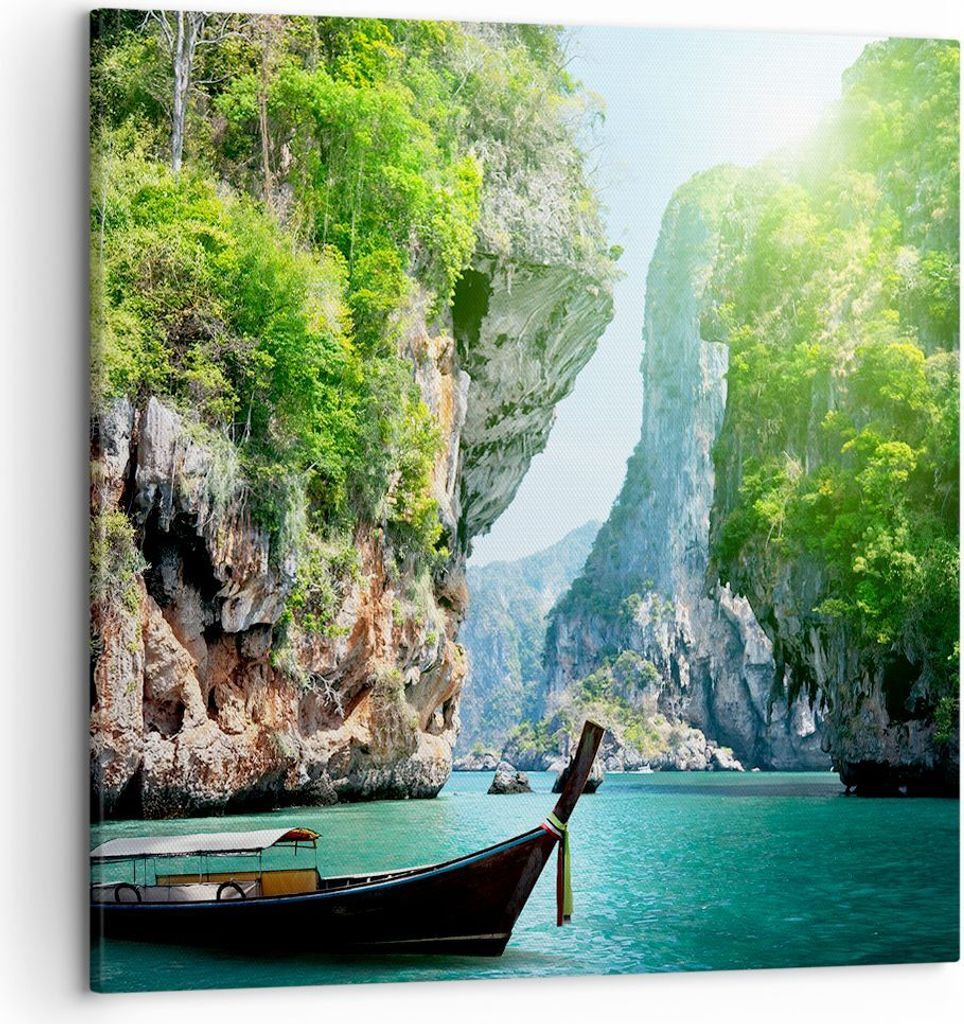 Bild auf Leinwand - Leinwandbild - Boot Klippen Natur Felsen - 50x50cm - Wand Bild - Wanddeko - Leinwanddruck - Bilder - Kunstdruck - Wanddekoratio...