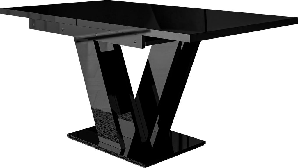 A black high-gloss dining table with a V-shaped pedestal base, shown from a side angle against a white background.
