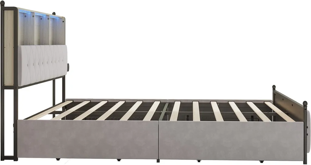 Lit double velours beige 160x200 avec prises USB-C et LED intégrées