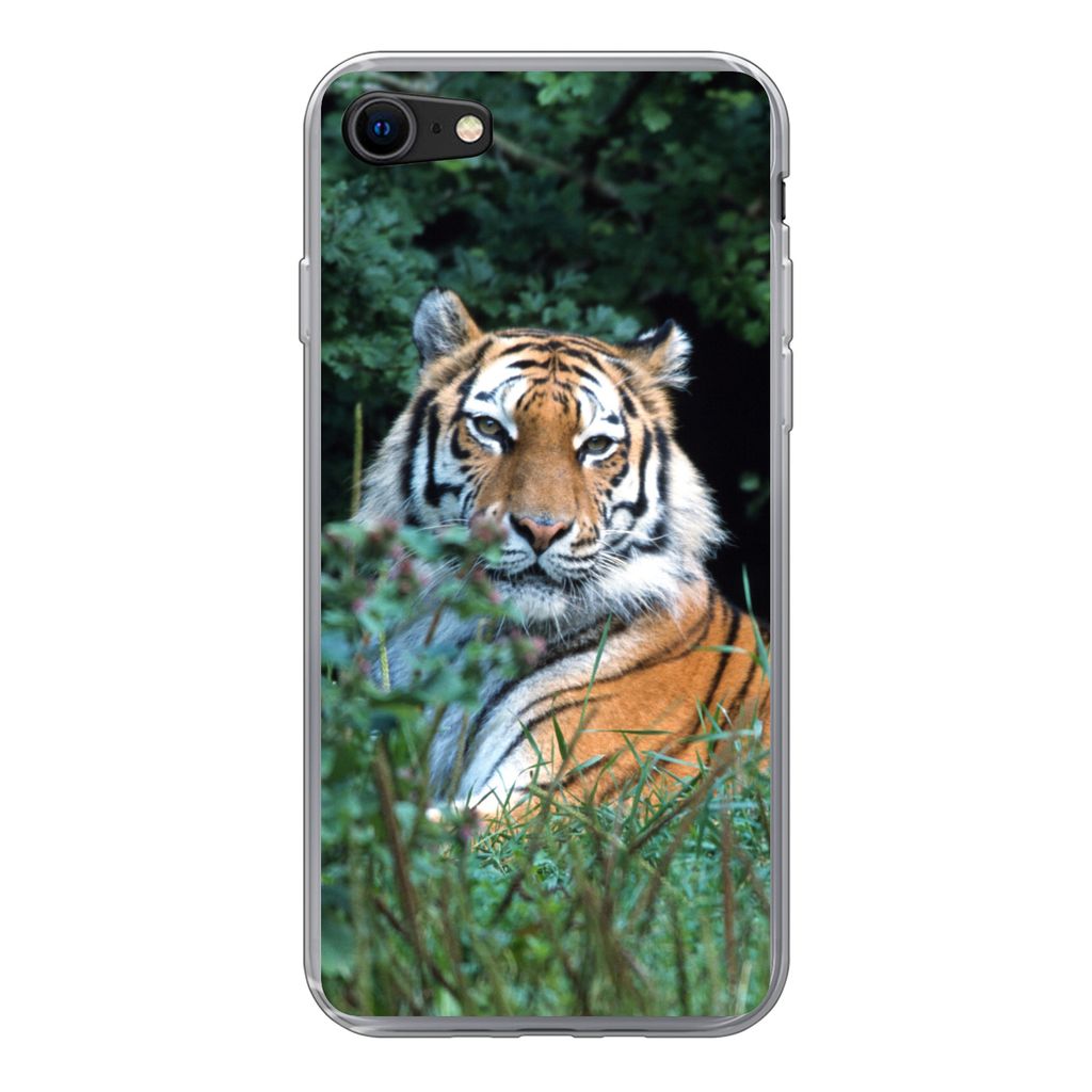 MuchoWow Handyhülle Schutzhülle Hülle für iPhone 7 Tiger - Gras - Grün Silikon Softcase Handy Hülle - Kartenhalter