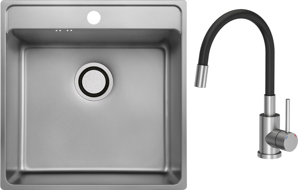 VBChome Edelstahlspüle mit Armatur 49x48x21 cm Inox Leinenstruktur Einbauspüle mit Hahnloch Groß Becken Siphon Armatur Schwarz mit flexiblem Aus...