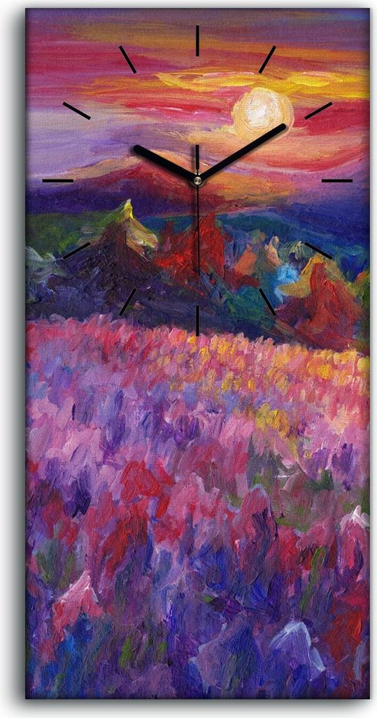 Küche Wohnzimmer Wand Leinwand Uhr Geräuschlos 30x60 Malen Berge Wiese bunt - schwarze Hände