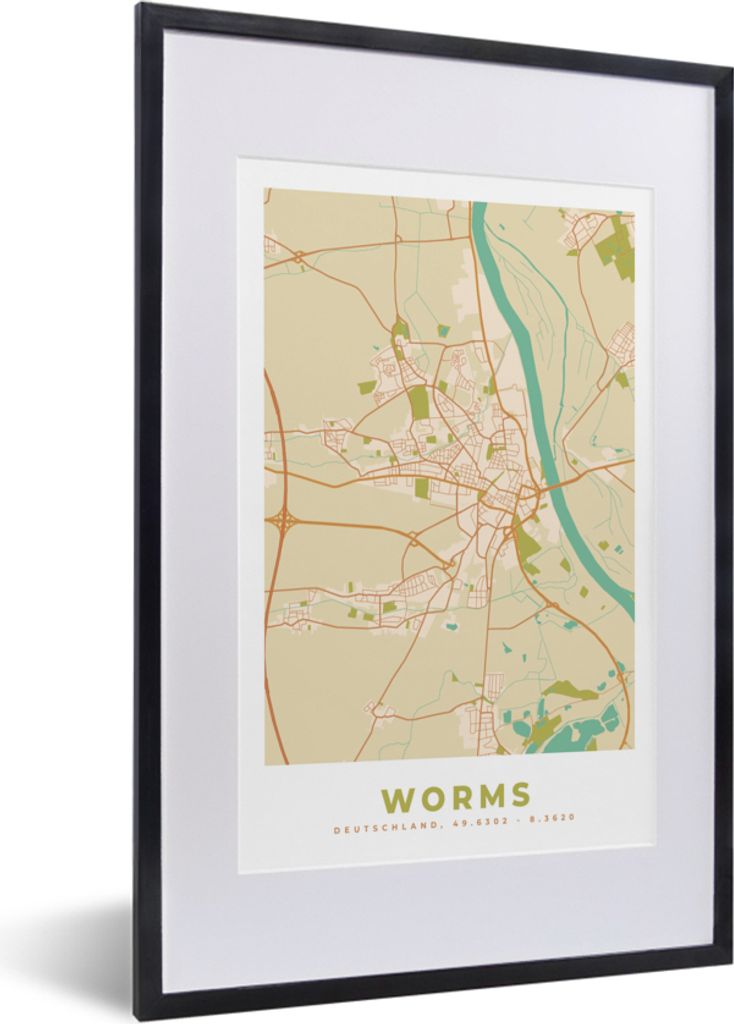 MuchoWow Gerahmtes Poster Karte - Worms - Stadtplan - Vintage 40x60 cm - Poster mit Schwarzem Bilderrahmen Wandposter Rahmen Foto Bilder - Poster...