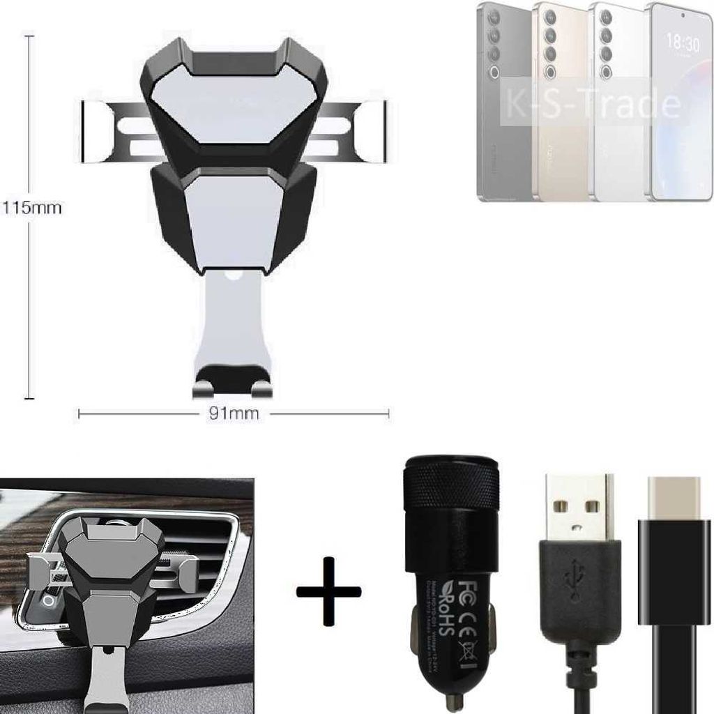 K-S-Trade Lüftungsschlitz Halterung kompatibel mit Meizu 20 Pro Lüftungshalterung Lüftungsgitter schwarz-silber Auto-Halterung Smartphone Halter