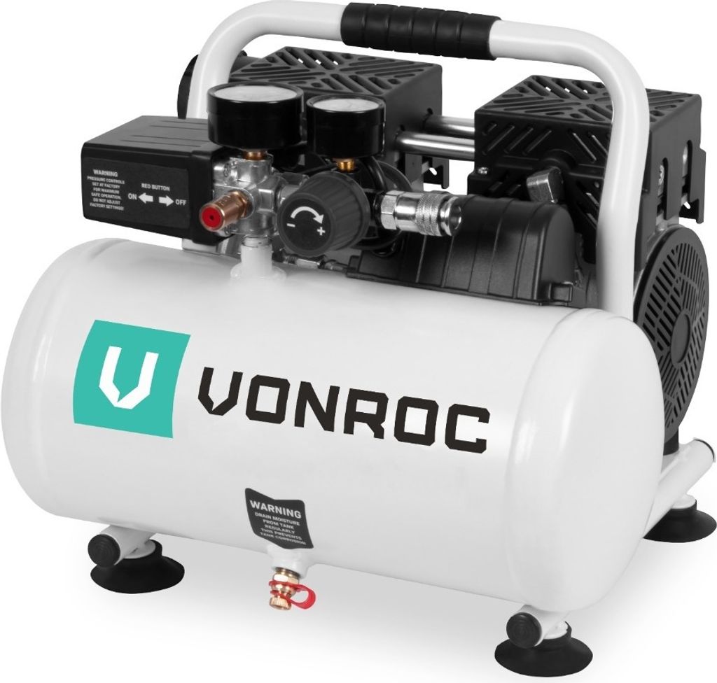 Vonroc Leiser Luftkompressor – Ölfrei – 750 W – 1 PS – 128 l/min. - 6-Liter-Tank – 8 bar – 57,5 dB(A) – Leise – Geräuscharm - Weiß