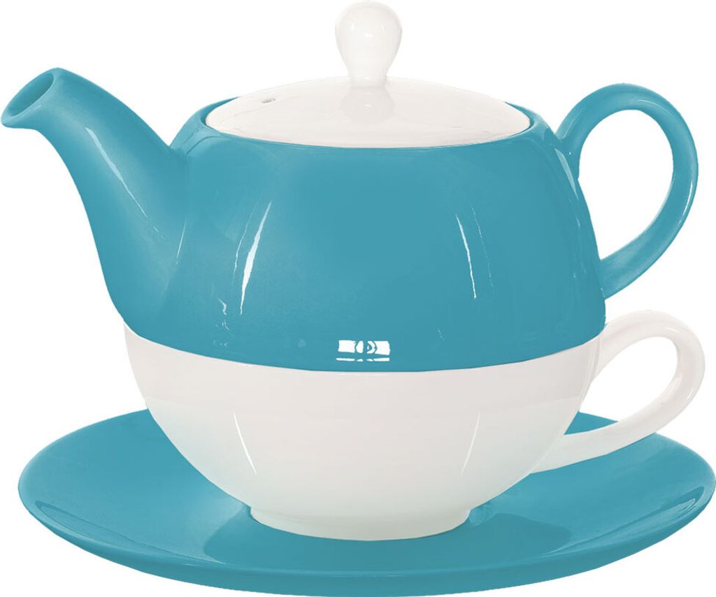Buchensee Tea for one Set / Teeset Lena, Teekanne 500ml, Teetasse mit Untertasse, türkis, Crystal Bone China Porzellan