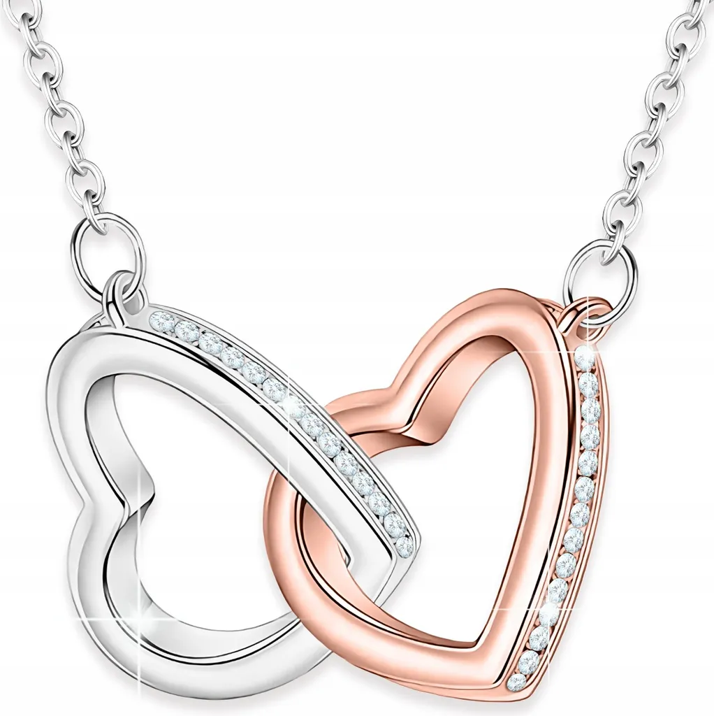 Collana in argento con due cuori e zirconi, cuori collegati, ARGENTO 925