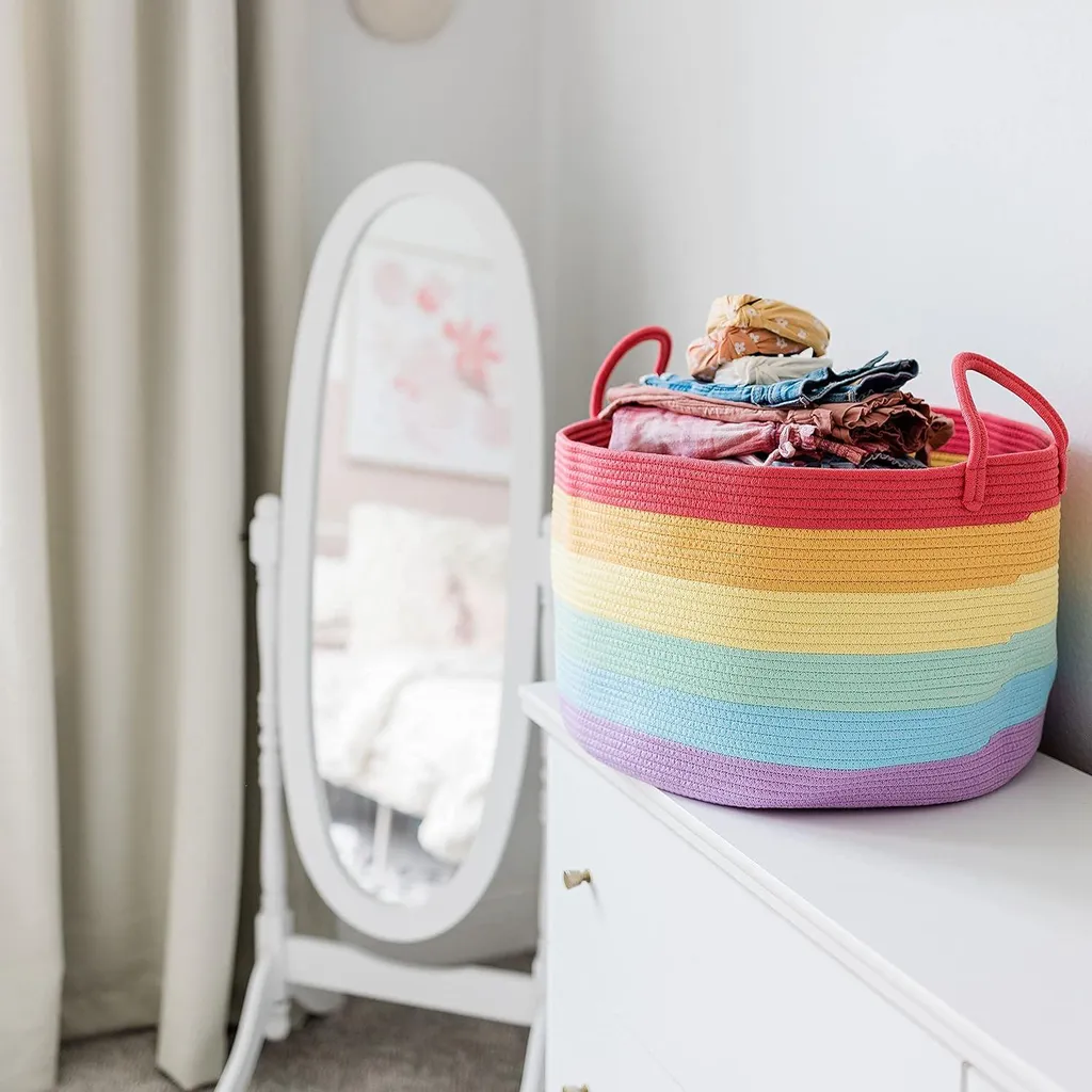 Panier de rangement jouets licorne XL en coton avec poignées robustes