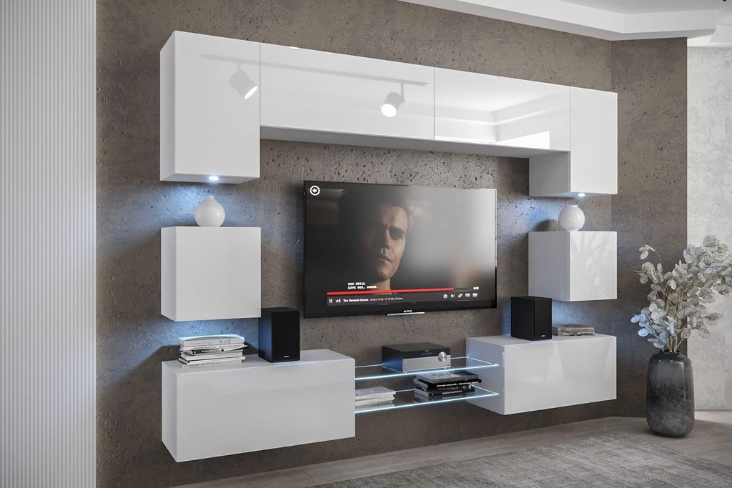 Furnitech Wohnwand Wohnzimmer - Wohnzimmer Möbel mit LED RGB - Hängend Wohnwand Modern mit Regale und TV Schrank (Nowara ANX1-17W-HG21-1A)