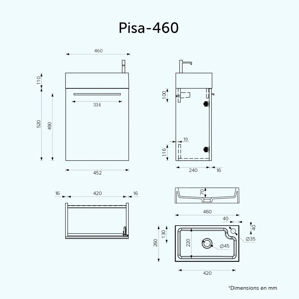 Doporro Pisa Petit Meuble sous Vasque Noir Texturé et Vasque Gris 46cm - 7