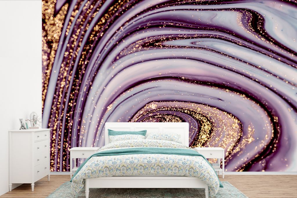 MuchoWow Fototapete für Wohnzimmer oder Schlafzimmer Wandtapete Vinyl Motivtapete Marmor - Rosa - Gold - Glitter - Marmoroptik - Luxus - 390x260...
