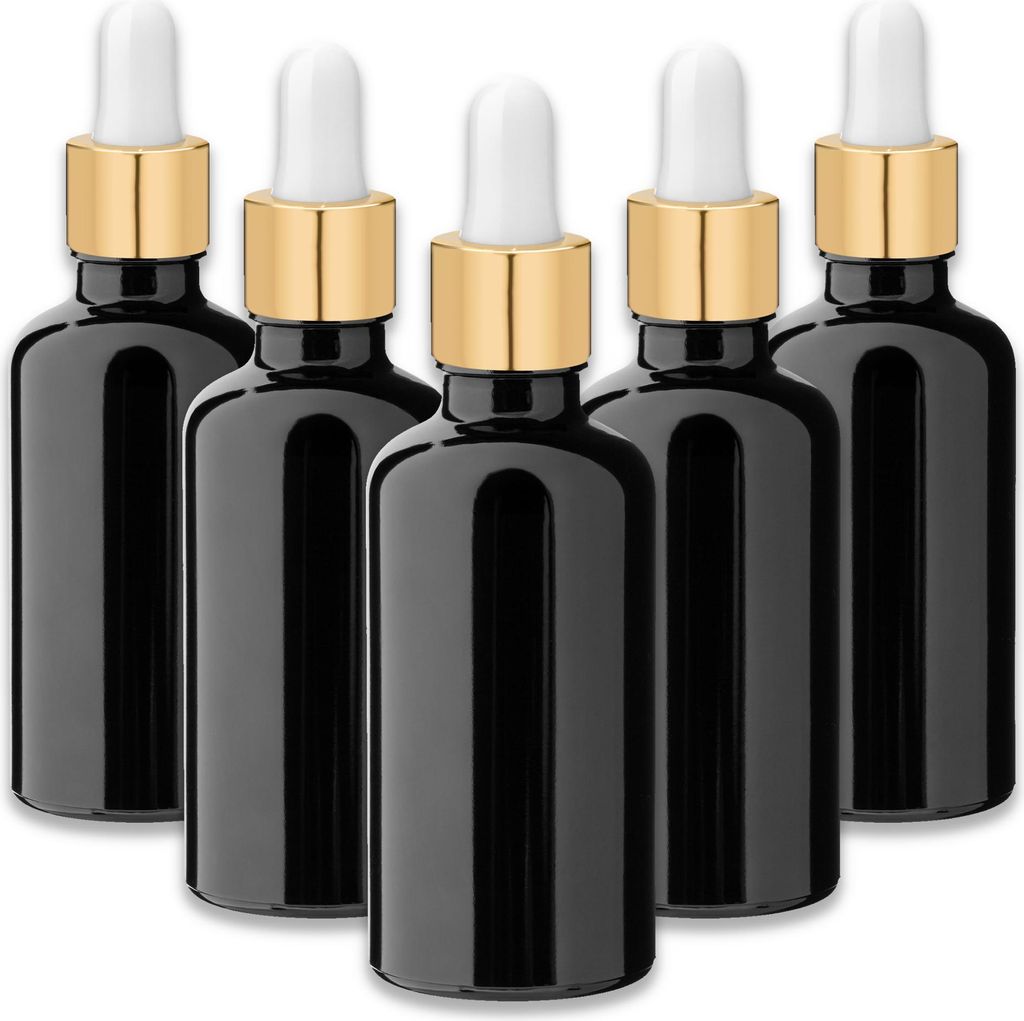 5x Schwarze Glasflasche 50 ml mit goldener Pipette – Kosmetikflasche