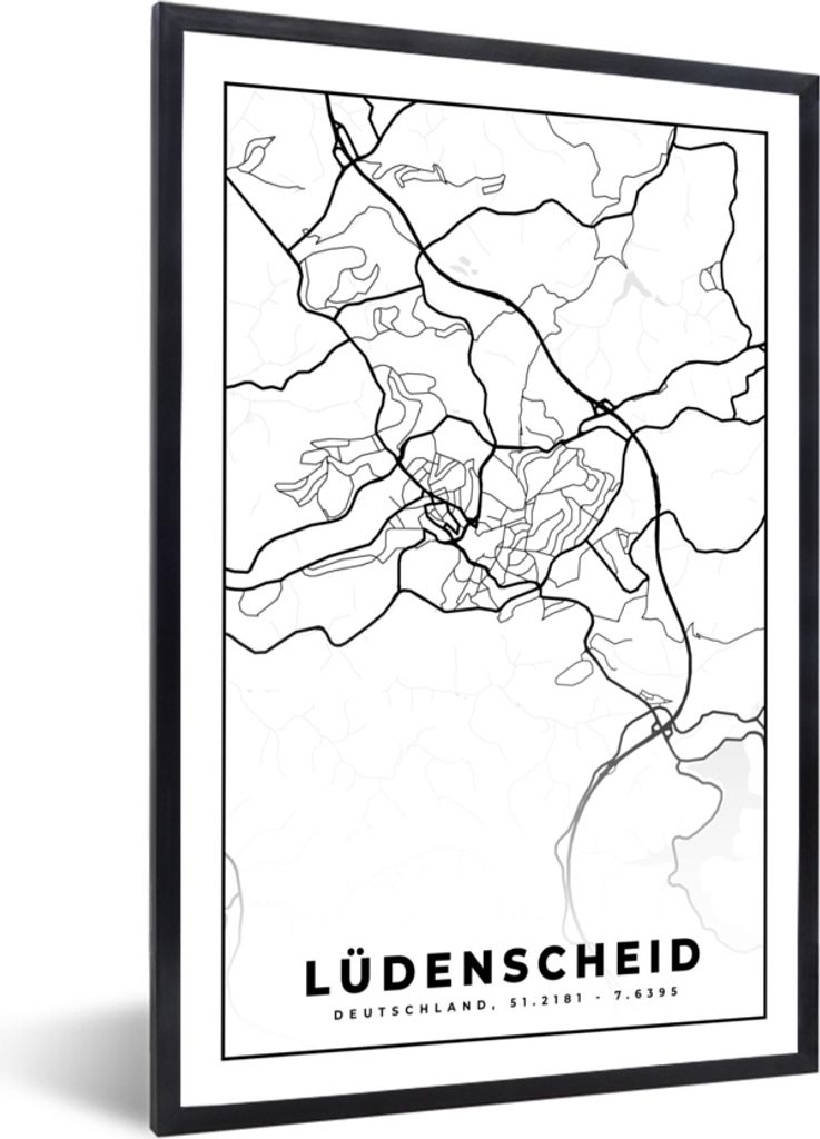 MuchoWow Gerahmtes Poster Lüdenscheid - Karte - Stadtplan 60x90 cm - Poster mit Schwarzem Bilderrahmen Wandposter Rahmen Foto Bilder - Kunst