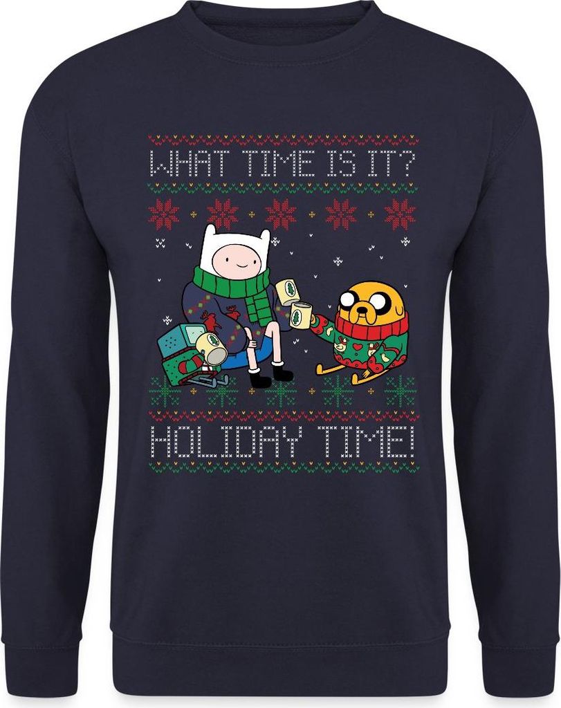 Spreadshirt Adventure Time What Time Is It Holiday Time Ugly Christmas Uni Pullover, 3XL, Navy