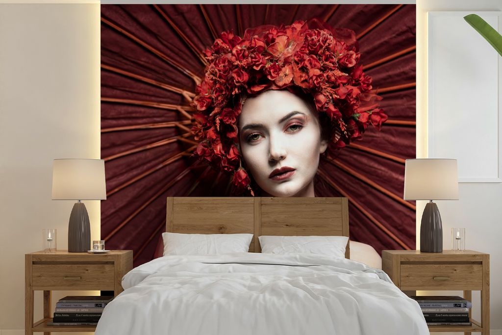 MuchoWow Fototapete für Wohnzimmer oder Schlafzimmer Wandtapete Vinyl Motivtapete Frau - Rot - Porträt - Regenschirm - 350x350 cm - Schlafzimme...