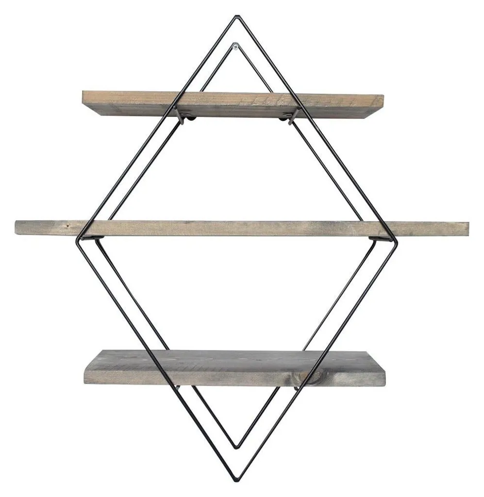 Étagère Murale de Salon en Losange Métal Noir et Bois Massif 60 cm